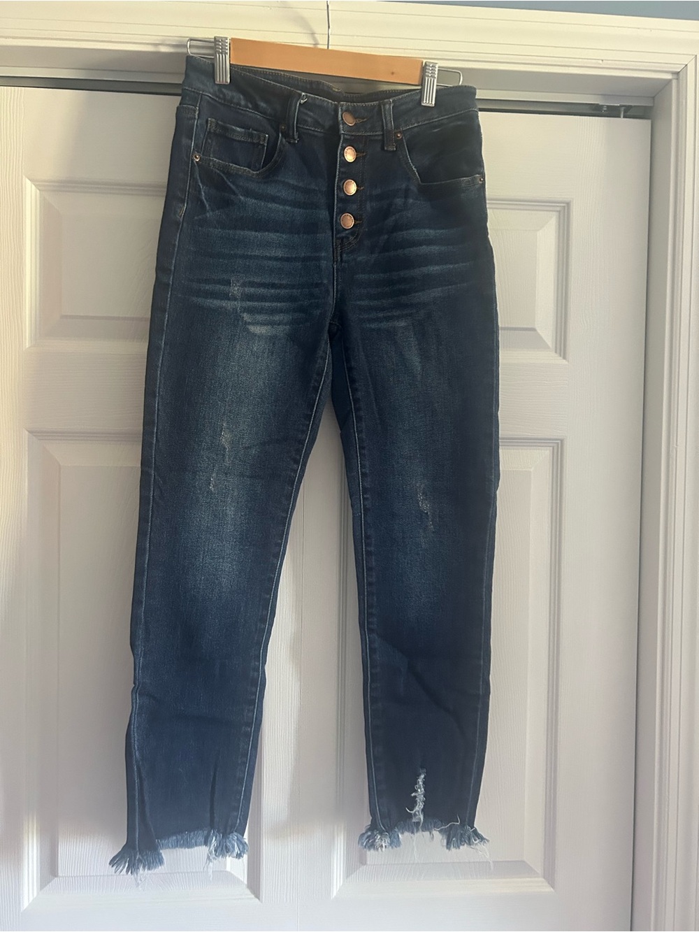 Stretchy High-Rise Dark Indigo Ankle Jeans with Button-Fly
